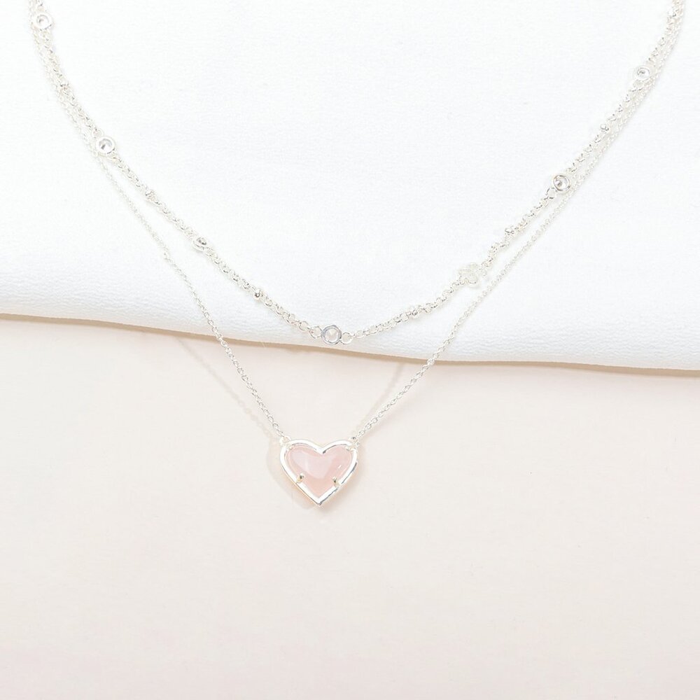 Alicia Bonnie Rose Quartz Heart Pendant Multi-Strand Silver Love Necklace